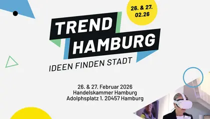 Titelgrafik mit gelben und blauen Formen auf weißem Grund. Dazu der Text "TREND HAMBURG - Ideen finden Stadt" und der information, dass die Veranstaltung am 26. & 27.Februar in der Handelskammer stattfindet.